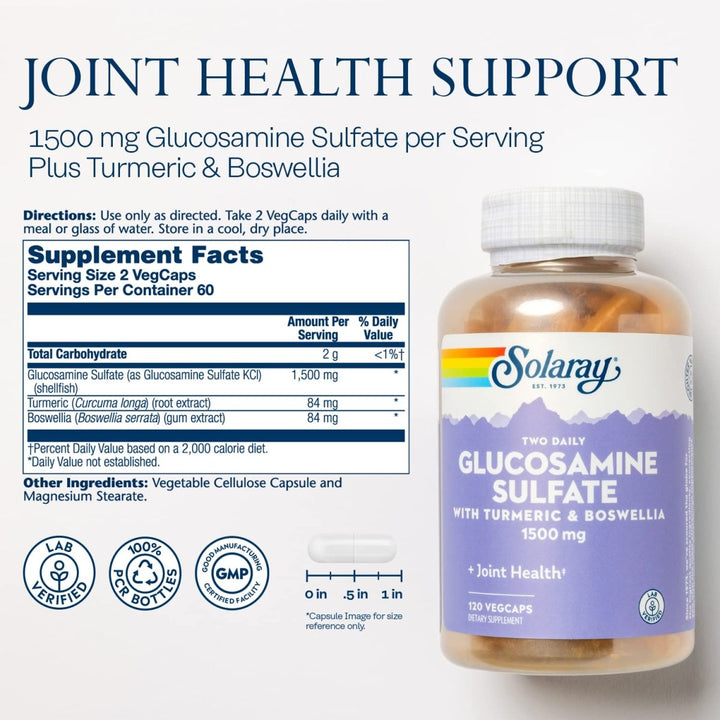 SOLARAY Glucosamine Sulfate 1500mg, Healthy Joint Support Supplement, Powerful Connective Tissue and Joint Health Formula with Turmeric & Boswellia, 60 - Day Money Back Guarantee, 60 Serv, 120 VegCaps - The Oasis of Health