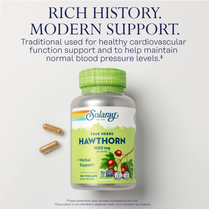 SOLARAY Hawthorn Berry 525mg - Healthy Cardiovascular Function & Circulation Support - Whole Berry - Non - GMO & Vegan - 180 VegCaps - The Oasis of Health