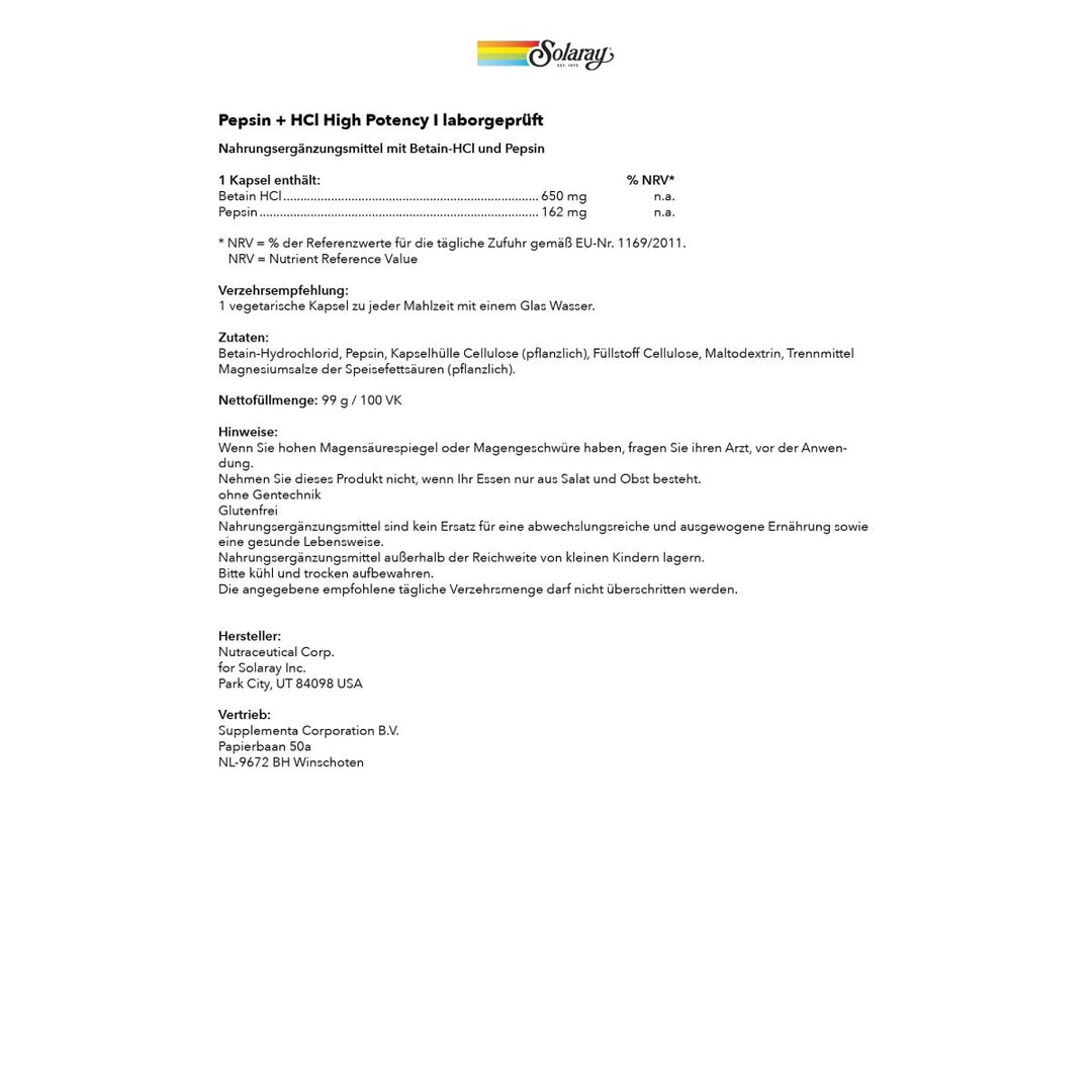 Solaray High Potency HCL + Pepsin 650 mg VCapsules, 100 Count 04814 - The Oasis of Health