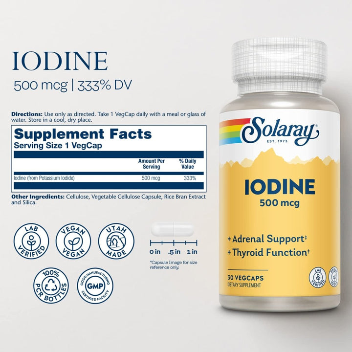 Solaray Iodine 500 mcg, Iodine Supplement for Healthy Adrenal and Thyroid Support, Energy, Metabolism, and Focus, Potassium Iodide, Vegan, 60 - Day Money - Back Guarantee, 30 Servings, 30 VegCaps - The Oasis of Health