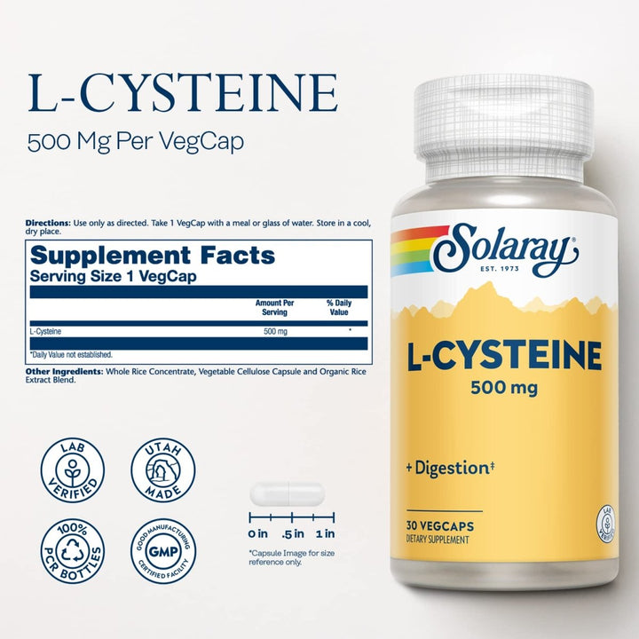 SOLARAY L - Cysteine 500 mg - Supports Digestion, Hair, Skin, and Nails - Master Antioxidant - 30 VegCaps - The Oasis of Health