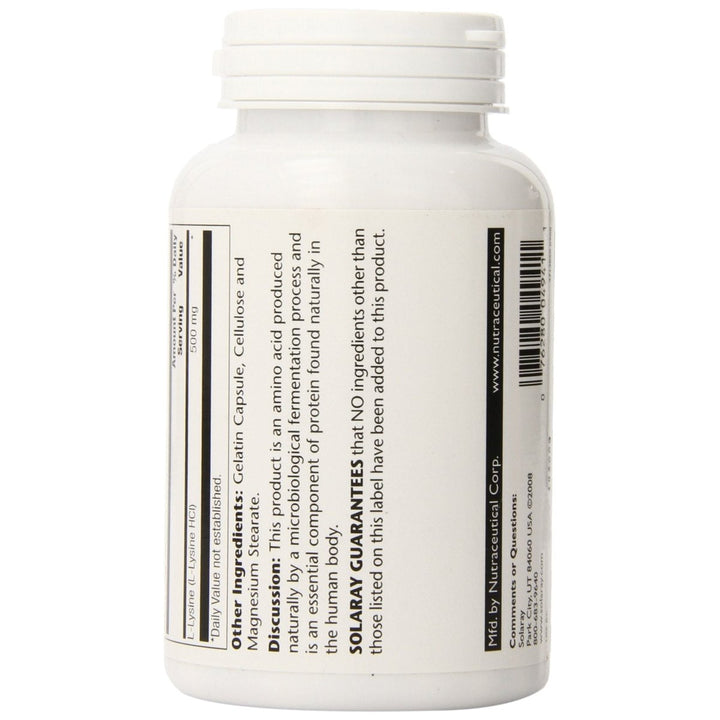 SOLARAY L - Lysine 500mg | Amino Acid | Healthy Cognitive, Immune System & GI Function, Bones, Joints & Skin Support | 120 VegCaps - The Oasis of Health