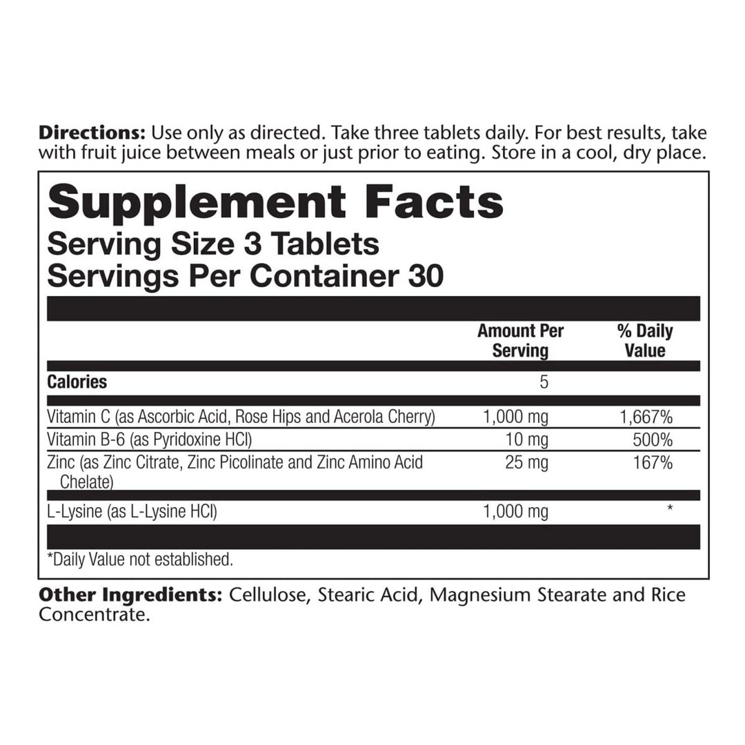 Solaray L - Lysine - 90 Tablets - Tissue & Immune System Support - Vegan, Non - GMO - 30 Servings - The Oasis of Health