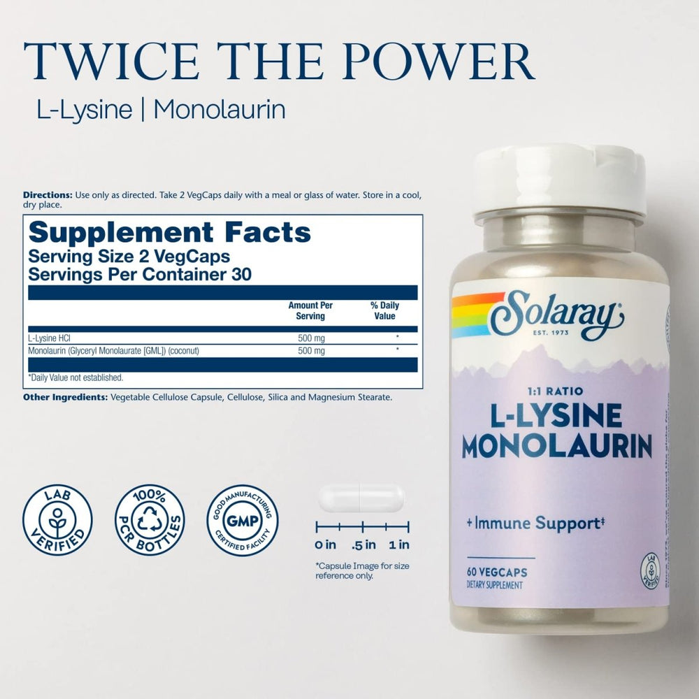 Solaray L - Lysine Monolaurin Immune Support - Powerful Formula for Optimal Immune System Function - 60 VegCaps - The Oasis of Health