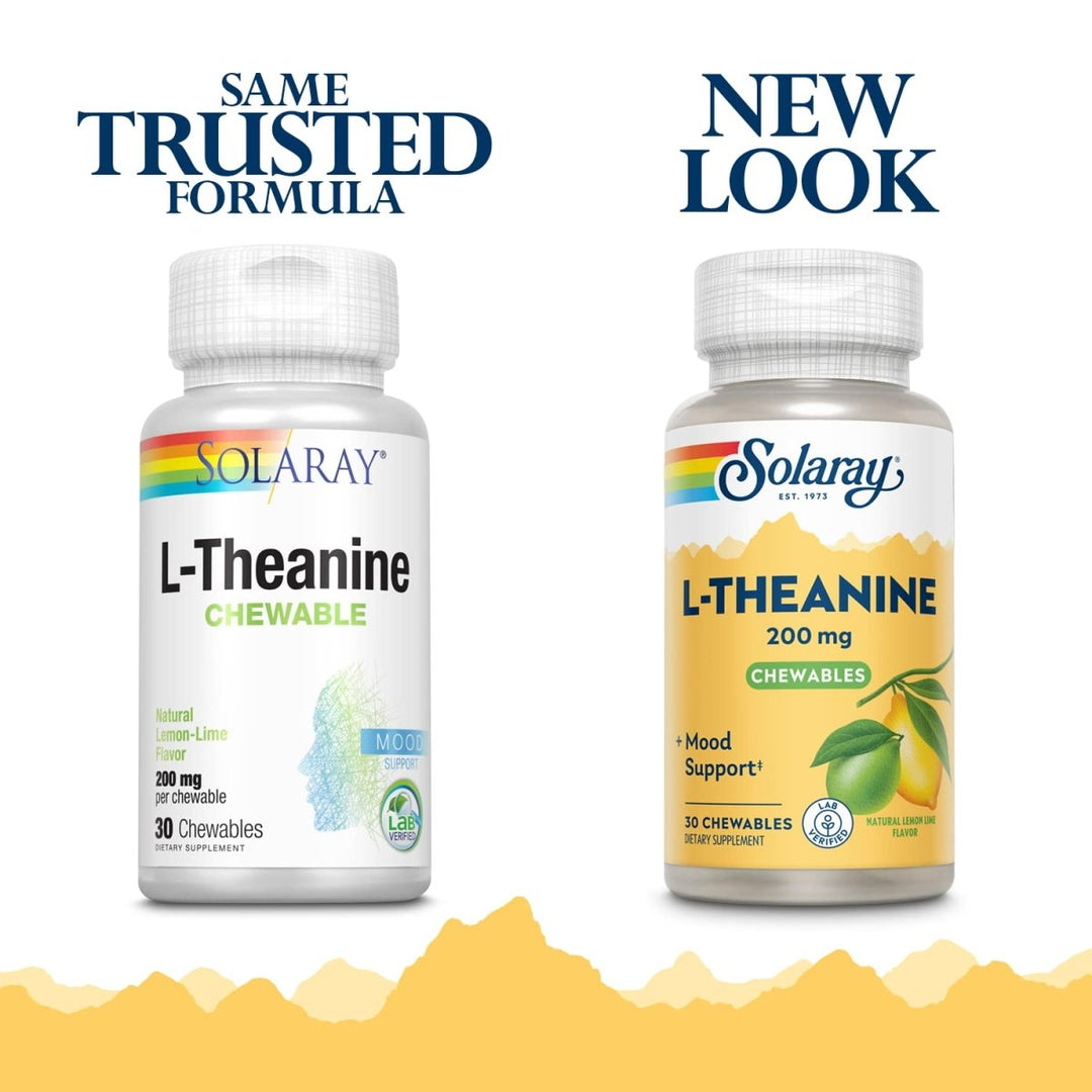 SOLARAY L Theanine 200mg, Healthy Mood Support and Focus Supplement with Vitamin B - 6, Sugar Free Natural Lemon Lime Flavor, Lab Verified, 60 - Day Guarantee, 30 Servings, 30 L Theanine Chewables - The Oasis of Health