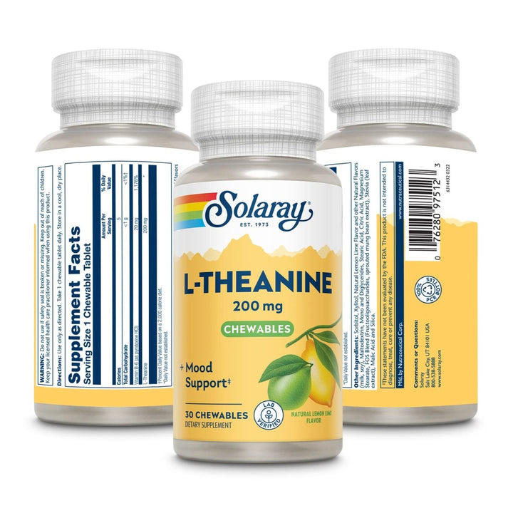 SOLARAY L Theanine 200mg, Healthy Mood Support and Focus Supplement with Vitamin B - 6, Sugar Free Natural Lemon Lime Flavor, Lab Verified, 60 - Day Guarantee, 30 Servings, 30 L Theanine Chewables - The Oasis of Health