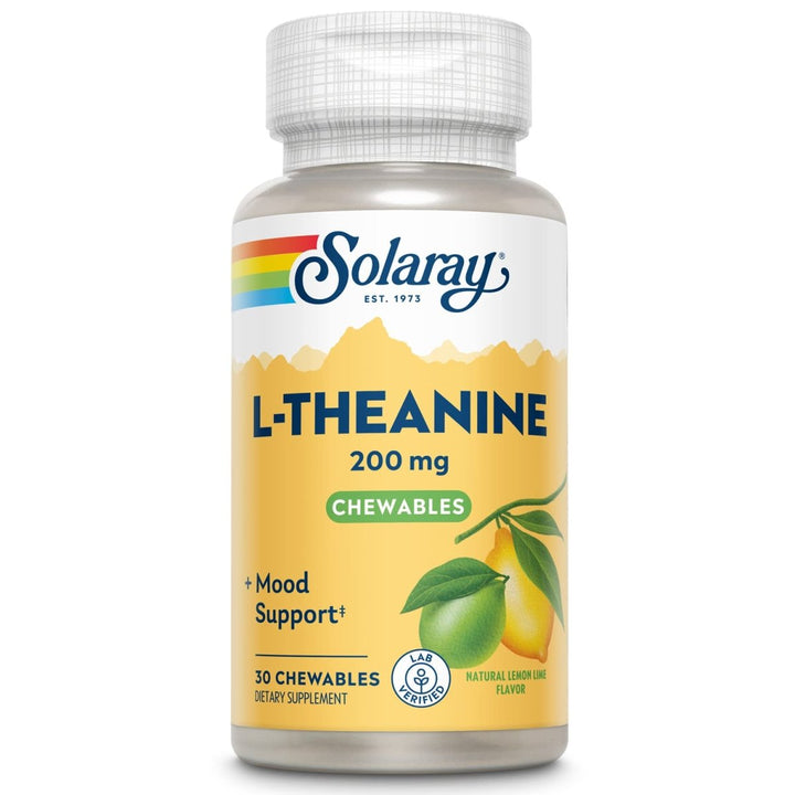 SOLARAY L Theanine 200mg, Healthy Mood Support and Focus Supplement with Vitamin B - 6, Sugar Free Natural Lemon Lime Flavor, Lab Verified, 60 - Day Guarantee, 30 Servings, 30 L Theanine Chewables - The Oasis of Health