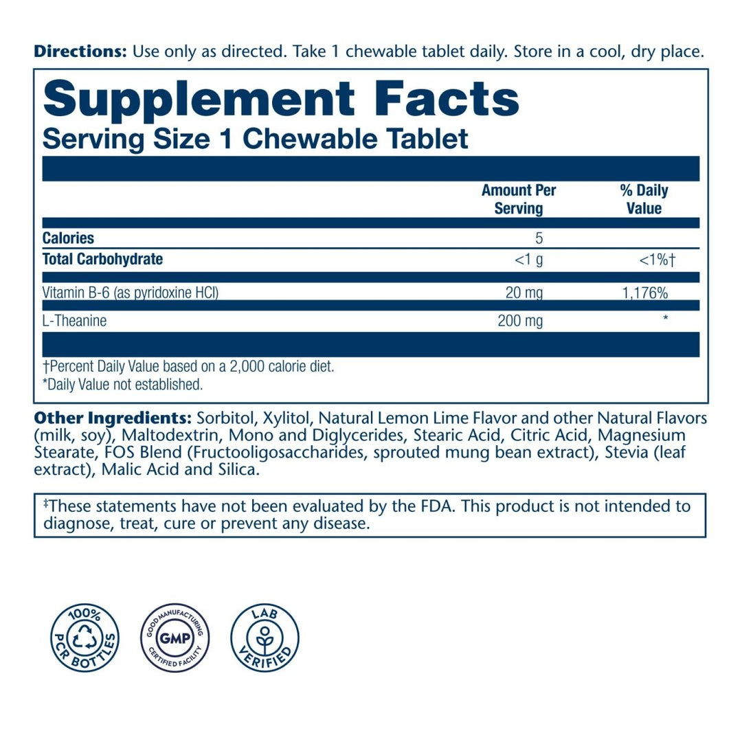 SOLARAY L Theanine 200mg, Healthy Mood Support and Focus Supplement with Vitamin B - 6, Sugar Free Natural Lemon Lime Flavor, Lab Verified, 60 - Day Guarantee, 30 Servings, 30 L Theanine Chewables - The Oasis of Health