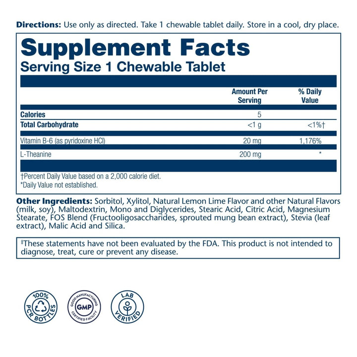 SOLARAY L Theanine 200mg, Healthy Mood Support and Focus Supplement with Vitamin B - 6, Sugar Free Natural Lemon Lime Flavor, Lab Verified, 60 - Day Guarantee, 30 Servings, 30 L Theanine Chewables - The Oasis of Health