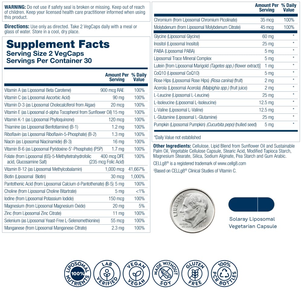 SOLARAY Liposomal Multivitamin for Men, Enhanced Absorption Immune, Energy & Bone Support, Mens Daily Multi Vitamin, BCAA?s, Vitamin D3, C, B12, Zinc, Vegan, Soy Free, 30 Servings, 60 VegCaps - The Oasis of Health