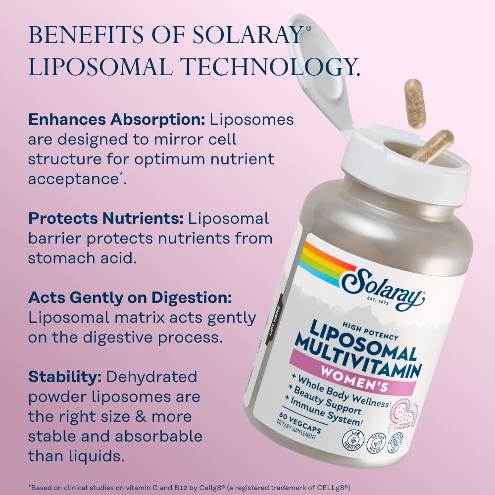 SOLARAY Liposomal Multivitamin for Women, Enhanced Absorption, High Potency w/Iron, Vitamin D, Vitamin C, B12, Biotin, CoQ10, Immune Support, Bone Health, Vegan, 60 Servings, 120 VegCaps - The Oasis of Health