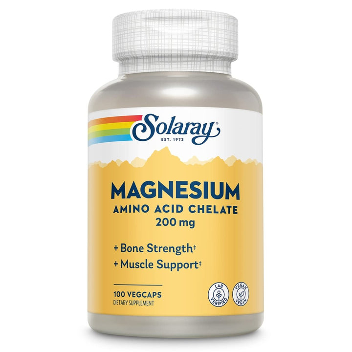 Solaray Magnesium Amino Acid Chelate 200 mg, Chelated Magnesium Supplement for Bone Health, Heart Health and Muscle Function Support, Vegan, 60 - Day Money Back Guarantee, 100 Servings, 100 VegCaps - The Oasis of Health