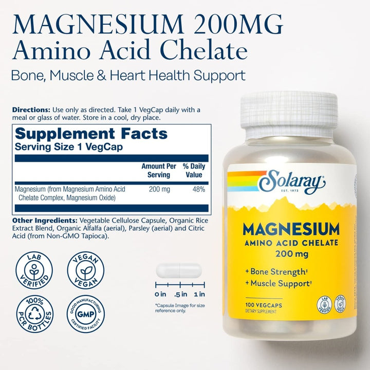 Solaray Magnesium Amino Acid Chelate 200 mg, Chelated Magnesium Supplement for Bone Health, Heart Health and Muscle Function Support, Vegan, 60 - Day Money Back Guarantee, 100 Servings, 100 VegCaps - The Oasis of Health