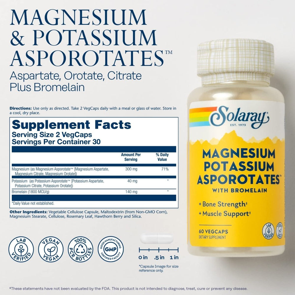 Solaray Magnesium and Potassium Asporotates w/Bromelain, Healthy Electrolyte, Muscle, Heart & Cellular Support, 60 VegCaps - The Oasis of Health
