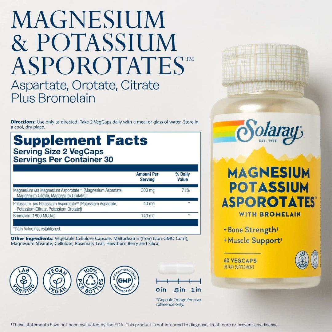 Solaray Magnesium and Potassium Asporotates w/Bromelain, Healthy Electrolyte, Muscle, Heart & Cellular Support, 60 VegCaps - The Oasis of Health