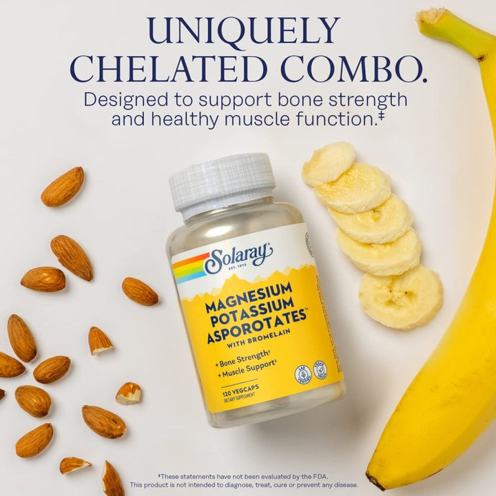 Solaray Magnesium and Potassium Asporotates with Bromelain, Magnesium Potassium Supplement for Bone Strength and Muscle Support, Vegan Magnesium Potassium Supplements, 60 Servings, 120 VegCaps - The Oasis of Health