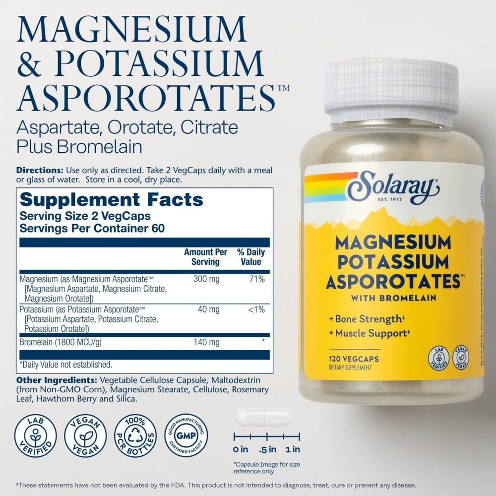Solaray Magnesium and Potassium Asporotates with Bromelain, Magnesium Potassium Supplement for Bone Strength and Muscle Support, Vegan Magnesium Potassium Supplements, 60 Servings, 120 VegCaps - The Oasis of Health
