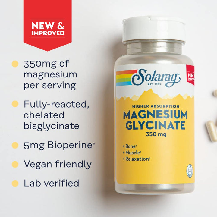 Solaray Magnesium Glycinate, New & Improved Fully Chelated Bisglycinate with BioPerine, High Absorption Formula, Stress, Bones, Muscle & Relaxation Support, 60 Day Guarantee, 60 Servings, 240 VegCaps - The Oasis of Health