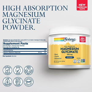 SOLARAY Magnesium Glycinate Powder 350 mg - Unflavored Magnesium Powder - Magnesium Supplement for Bone, Muscle, and Relaxation Support - Vegan, Non - GMO, 60 - Day Guarantee - 50 Servings, 6 OZ - The Oasis of Health