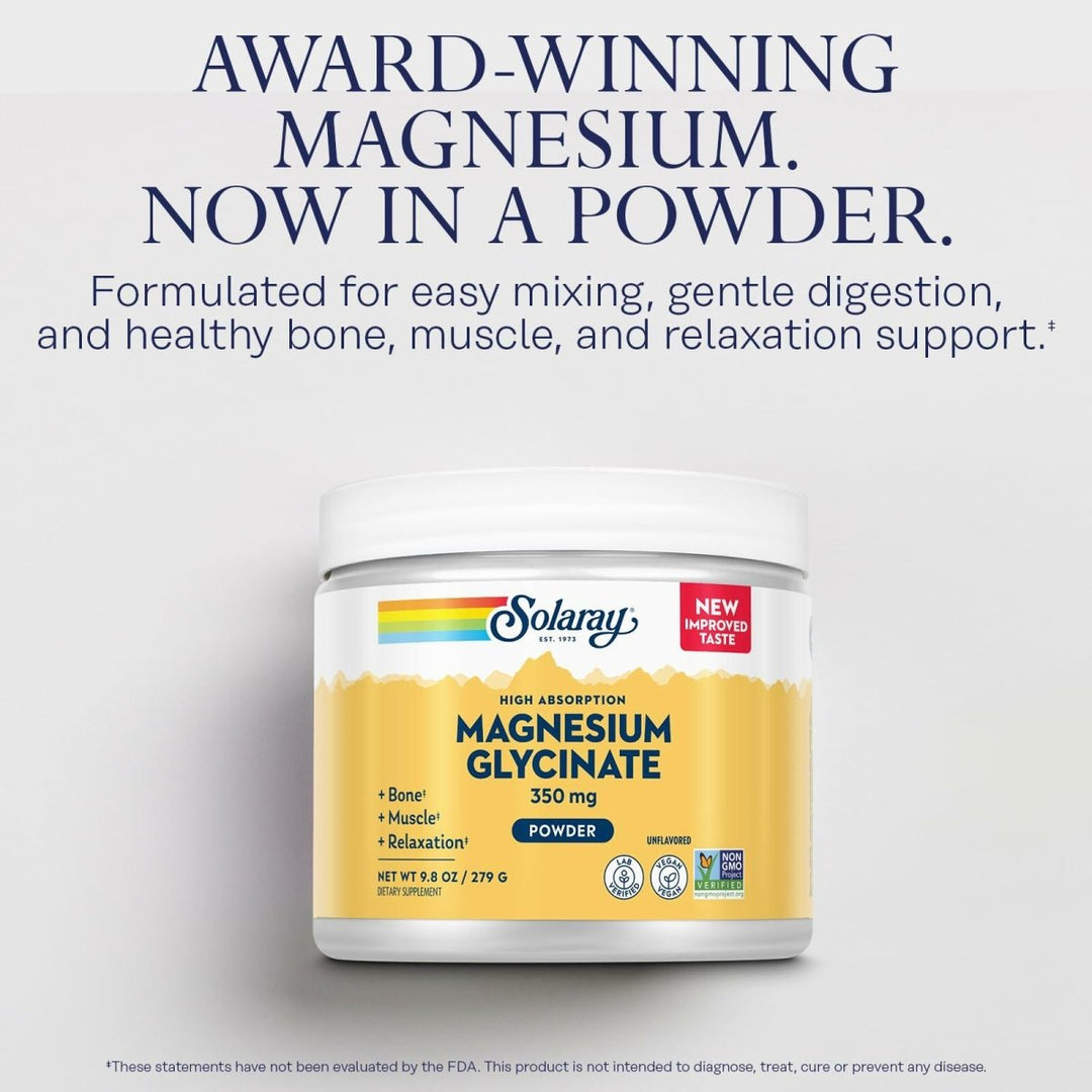 SOLARAY Magnesium Glycinate Powder 350 mg - Unflavored Magnesium Powder - Magnesium Supplement for Bone, Muscle, and Relaxation Support - Vegan, Non - GMO, 60 - Day Guarantee - 50 Servings, 6 OZ - The Oasis of Health