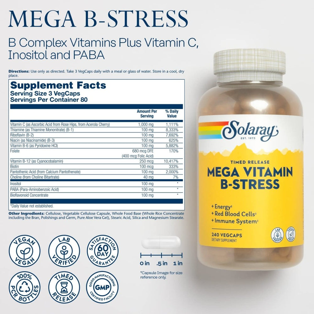 Solaray Mega Vitamin B - Stress, Two - Stage Timed - Release | Specially Formulated w/B Complex Vitamins for Stress Support | Non - GMO | Vegan (120 CT) (240 CT) - The Oasis of Health