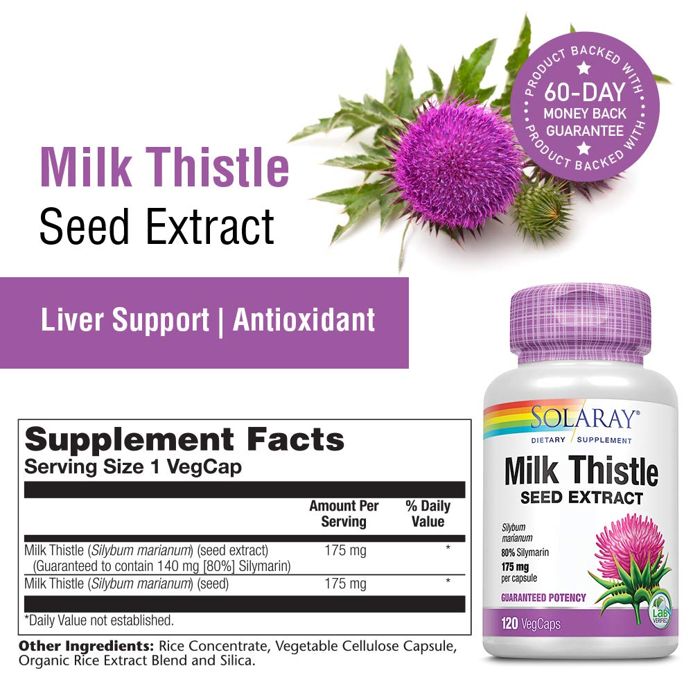 SOLARAY Milk Thistle Seed Extract 175mg Antioxidant Intended to Help Support a Normal, Healthy Liver Non - GMO & Vegan 120 VegCaps - The Oasis of Health
