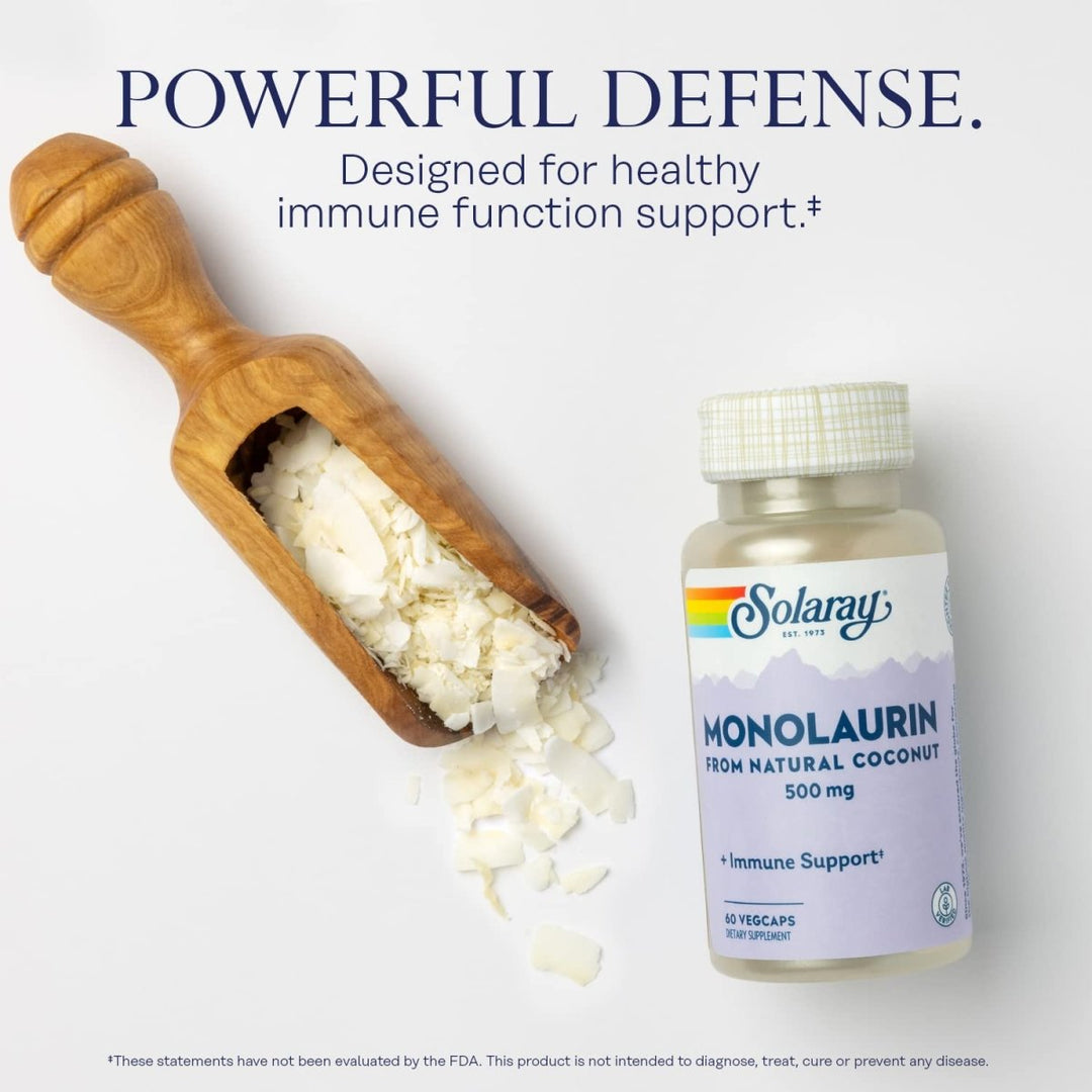 SOLARAY Monolaurin 500mg Immune Support Supplement, from Natural Coconut, Helps Maintain Immune & Gut Health & a Balanced Gut Flora, 60 - Day Money Back Guarantee, 60 Servings, 60 VegCaps - The Oasis of Health