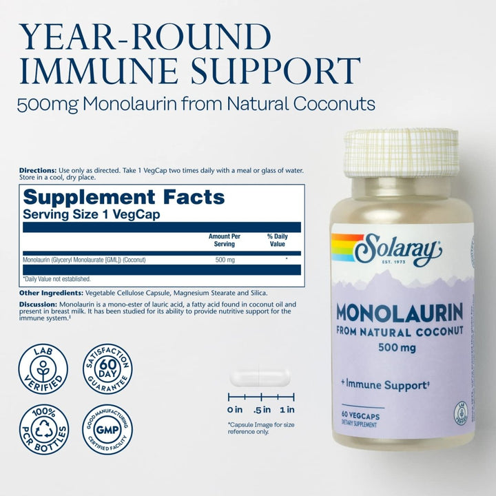 SOLARAY Monolaurin 500mg Immune Support Supplement, from Natural Coconut, Helps Maintain Immune & Gut Health & a Balanced Gut Flora, 60 - Day Money Back Guarantee, 60 Servings, 60 VegCaps - The Oasis of Health