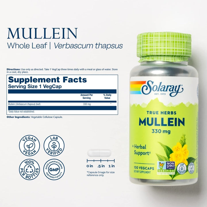 SOLARAY Mullein Leaf 330mg | Herbal Support for Healthy Respiratory, Bronchial & Immune Function | Vegan | 100 CT - The Oasis of Health
