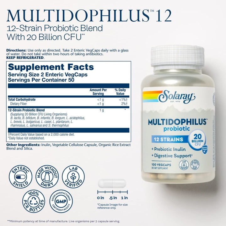 SOLARAY Multidophilus 12 Strain Probiotic - 20 Billion CFU, 100 Enteric VegCaps - The Oasis of Health