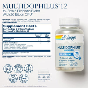 SOLARAY Multidophilus 12 Strain Probiotic - 20 Billion CFU, 100 Enteric VegCaps - The Oasis of Health