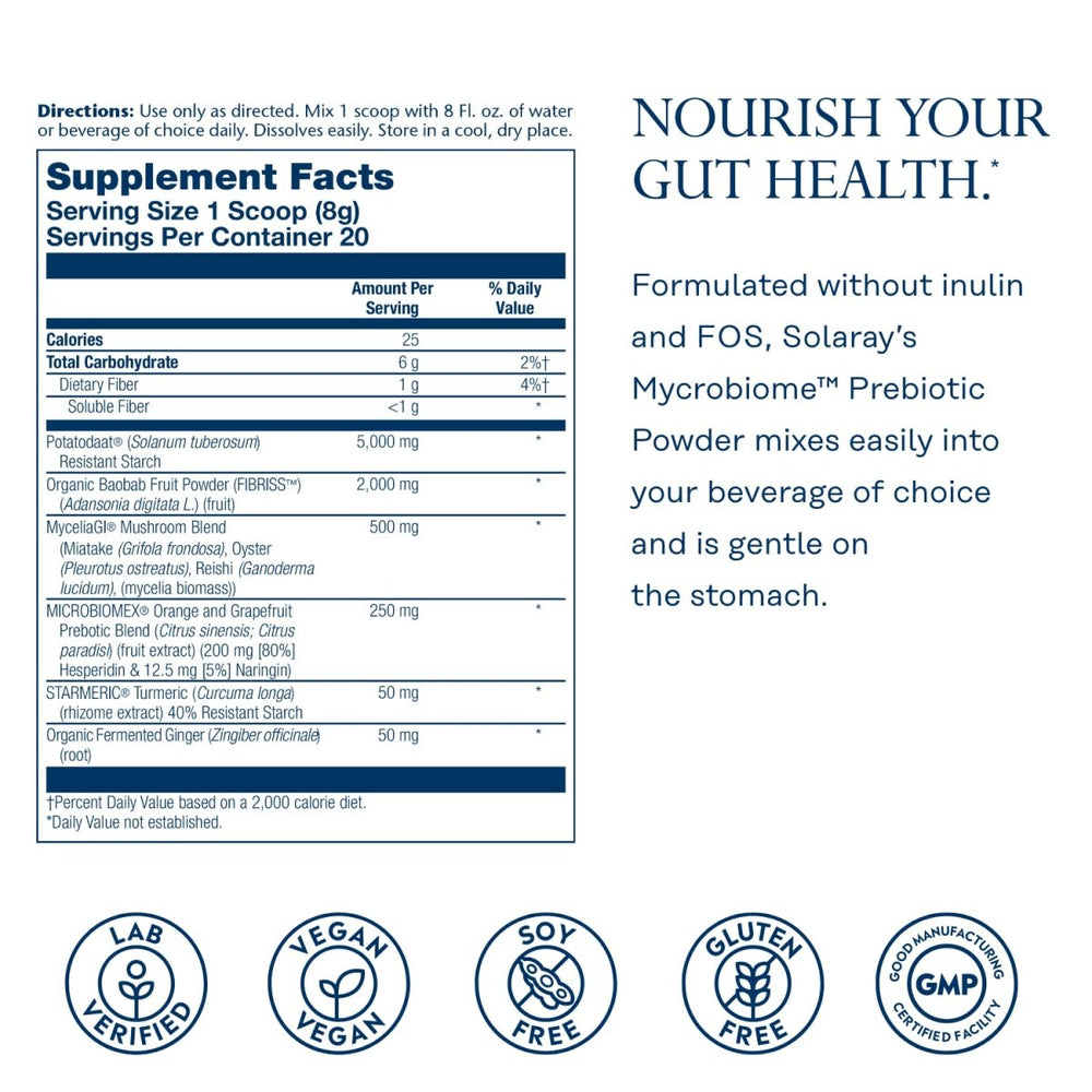 SOLARAY Mycrobiome Prebiotic Powder, Prebiotics for Women and Men, Digestive Nutritional Supplements for Colon and Gut Health, Easy - to - Mix, Non - Bloating Formula, Citrus Flavor, 20 Servings, 5.64 OZ - The Oasis of Health