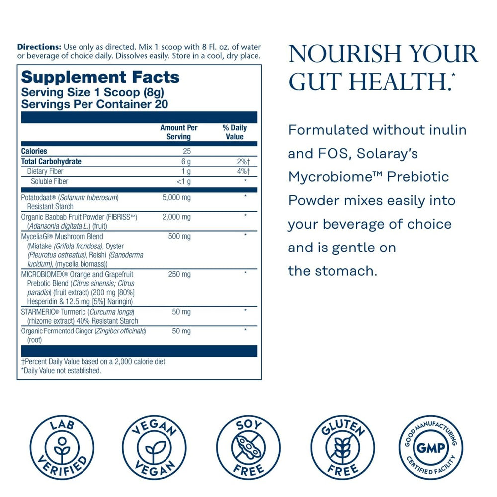 SOLARAY Mycrobiome Prebiotic Powder, Prebiotics for Women and Men, Digestive Nutritional Supplements for Colon and Gut Health, Non - Gritty, Easy - to - Mix, Non - Bloating Formula, 20 Servings, 5.64 OZ - The Oasis of Health