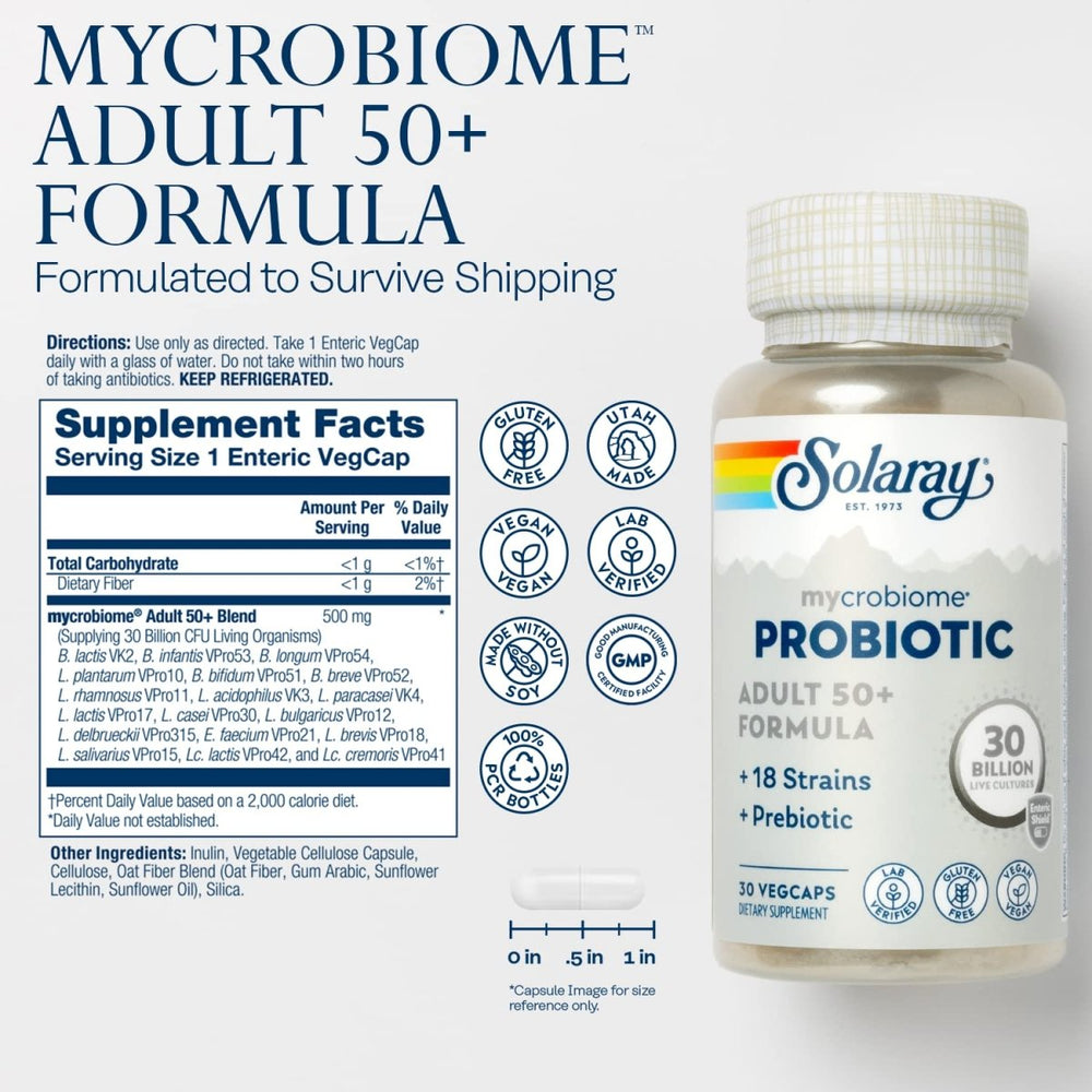 SOLARAY Mycrobiome Probiotic Adult 50 Plus Formula, Probiotics for Women and Men, Healthy Digestion, Metabolism, Energy, Colon and Urinary Tract Support, 30 Billion CFU, 30 Servings, 30 VegCaps - The Oasis of Health