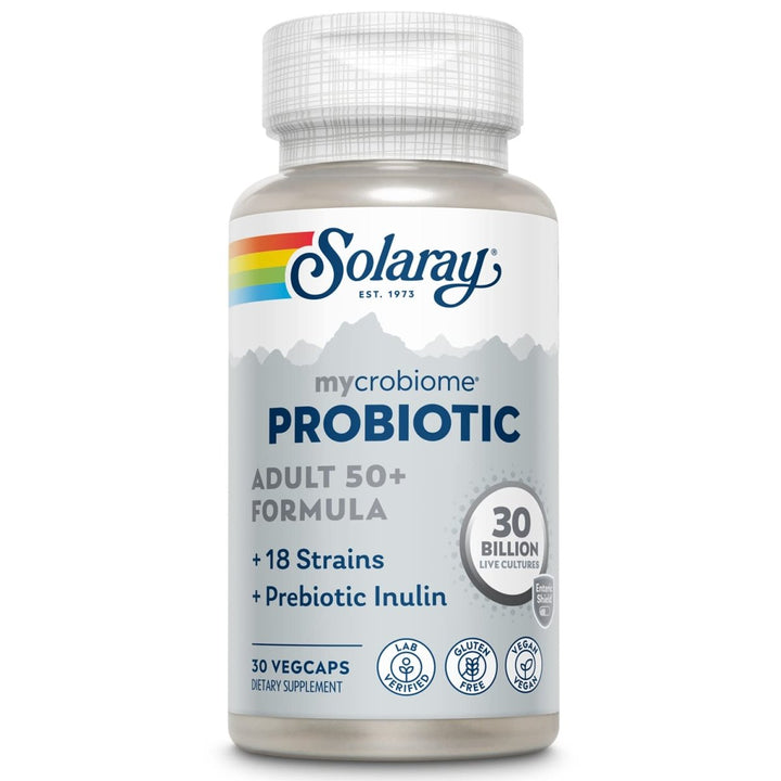 SOLARAY Mycrobiome Probiotic Adult 50 Plus Formula, Probiotics for Women and Men, Healthy Digestion, Metabolism, Energy, Colon and Urinary Tract Support, 30 Billion CFU, 30 Servings, 30 VegCaps - The Oasis of Health