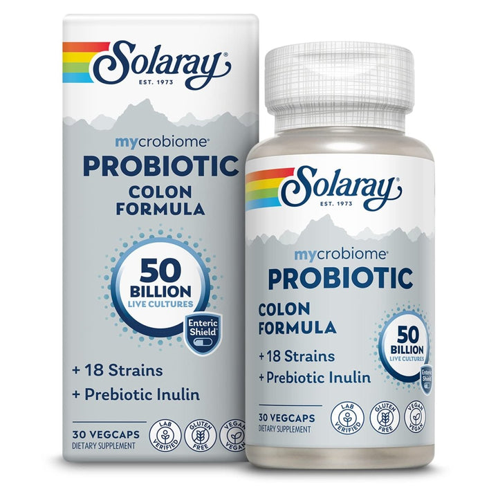 SOLARAY Mycrobiome Probiotic Colon Formula, Vegan, Digestive Function, Colon Health, and Immune System Support, 50 Billion CFU, 18 Strains, Prebiotic Inulin, 60 - Day Guarantee, 30 Servings, 30 VegCaps - The Oasis of Health