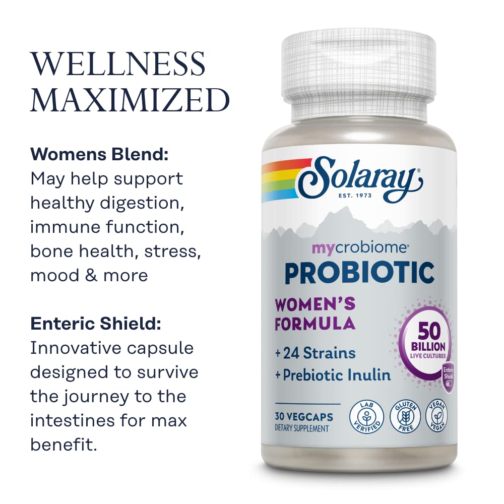 SOLARAY Mycrobiome Probiotic Women?s Formula, 24 Strains Plus Prebiotic Inulin, Specially Formulated for Women, Digestion, Mood & Urinary Tract Support, 50 Billion CFU, 30 Servings, 30 VegCaps - The Oasis of Health