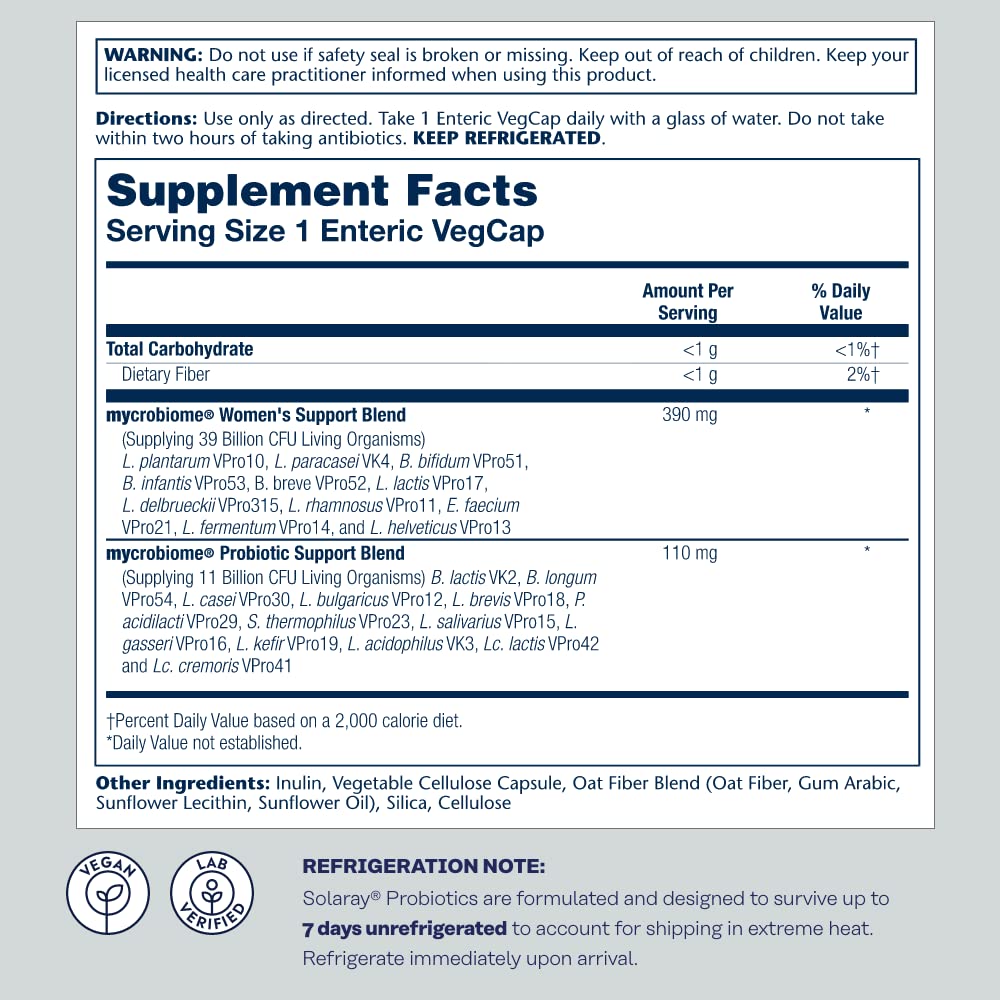 SOLARAY Mycrobiome Probiotic Women?s Formula, 24 Strains Plus Prebiotic Inulin, Specially Formulated for Women, Digestion, Mood & Urinary Tract Support, 50 Billion CFU, 30 Servings, 30 VegCaps - The Oasis of Health