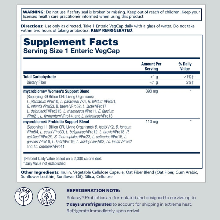 SOLARAY Mycrobiome Probiotic Women?s Formula, 24 Strains Plus Prebiotic Inulin, Specially Formulated for Women, Digestion, Mood & Urinary Tract Support, 50 Billion CFU, 30 Servings, 30 VegCaps - The Oasis of Health