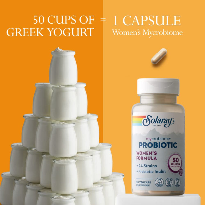 SOLARAY Mycrobiome Probiotic Women?s Formula, 24 Strains Plus Prebiotic Inulin, Specially Formulated for Women, Digestion, Mood & Urinary Tract Support, 50 Billion CFU, 30 Servings, 30 VegCaps - The Oasis of Health