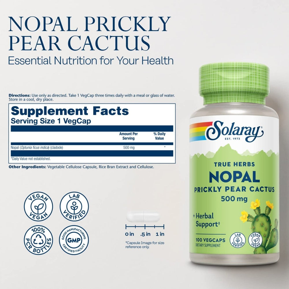 Solaray Nopal Prickly Pear Cactus 500 mg, with Naturally Occurring Dietary Fiber, Antioxidants, Carotenoids and Other Nutrients, Vegan, 60 Day Money Back Guarantee, 100 Servings, 100 VegCaps - The Oasis of Health