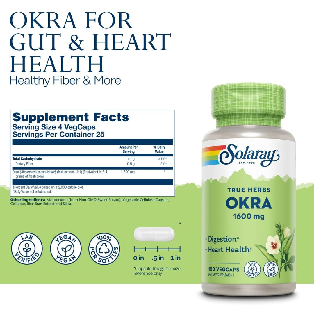 Solaray Okra Fruit 400mg Healthy Digestion & Cardiovascular Function Soluble Fiber Including Gums & Pectins Non - GMO & Vegan 100 VegCaps - The Oasis of Health