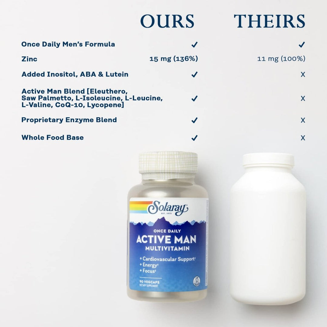 SOLARAY Once Daily Active Man Multivitamin & Mineral, Multivitamin for Cardiovascular, Support, Energy & Focus, Digestive Enzyme Blend, Amino Acids and Whole Food Base, 90 Servings, 90 VegCaps - The Oasis of Health