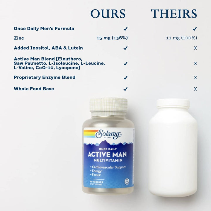 SOLARAY Once Daily Active Man Multivitamin & Mineral, Multivitamin for Cardiovascular, Support, Energy & Focus, Digestive Enzyme Blend, Amino Acids and Whole Food Base, 90 Servings, 90 VegCaps - The Oasis of Health
