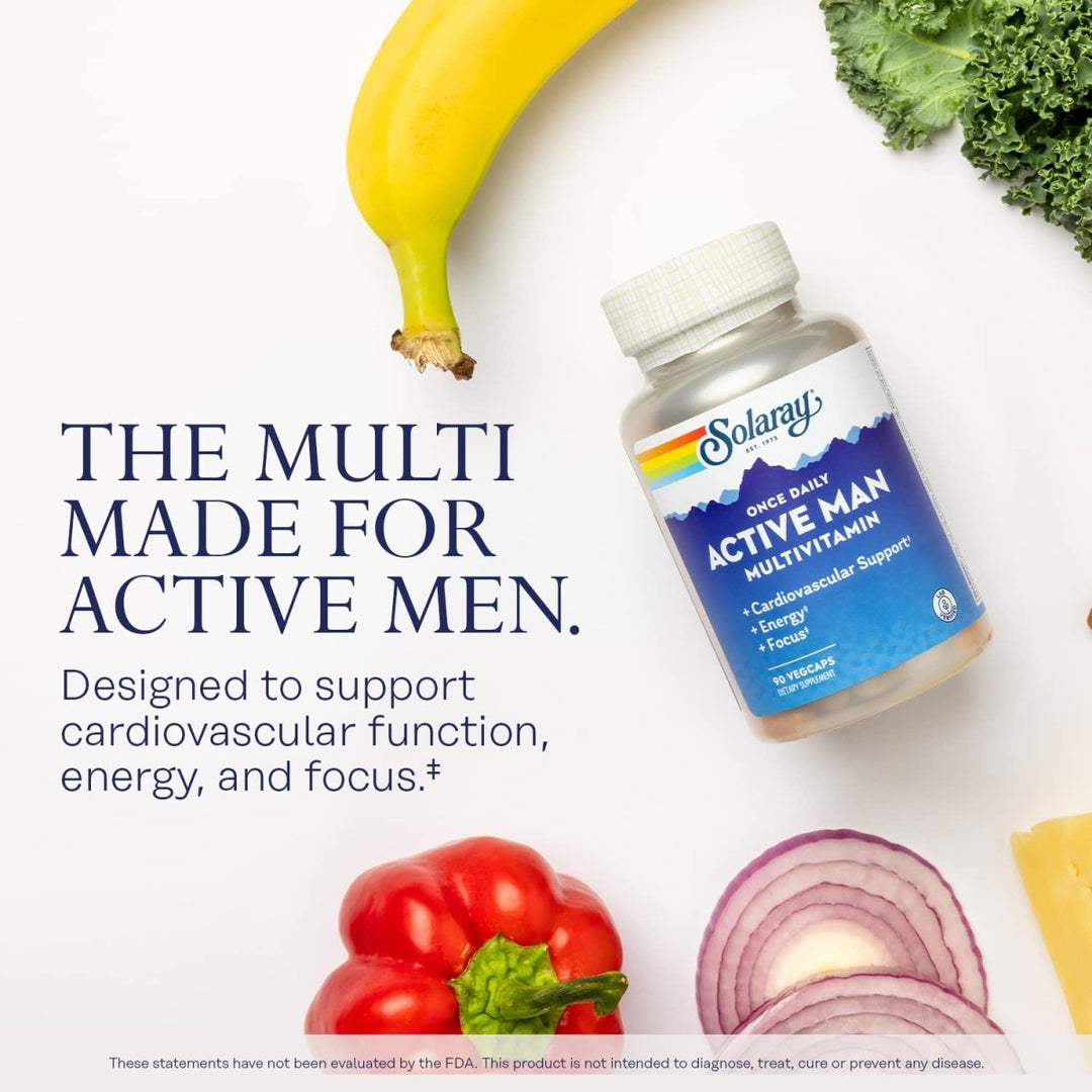SOLARAY Once Daily Active Man Multivitamin & Mineral, Multivitamin for Cardiovascular, Support, Energy & Focus, Digestive Enzyme Blend, Amino Acids and Whole Food Base, 90 Servings, 90 VegCaps - The Oasis of Health