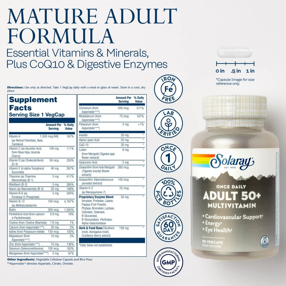 SOLARAY Once Daily Adult 50+ Multivitamin Healthy Energy, Heart & Immune Support for Mature Adults 90 CT - The Oasis of Health