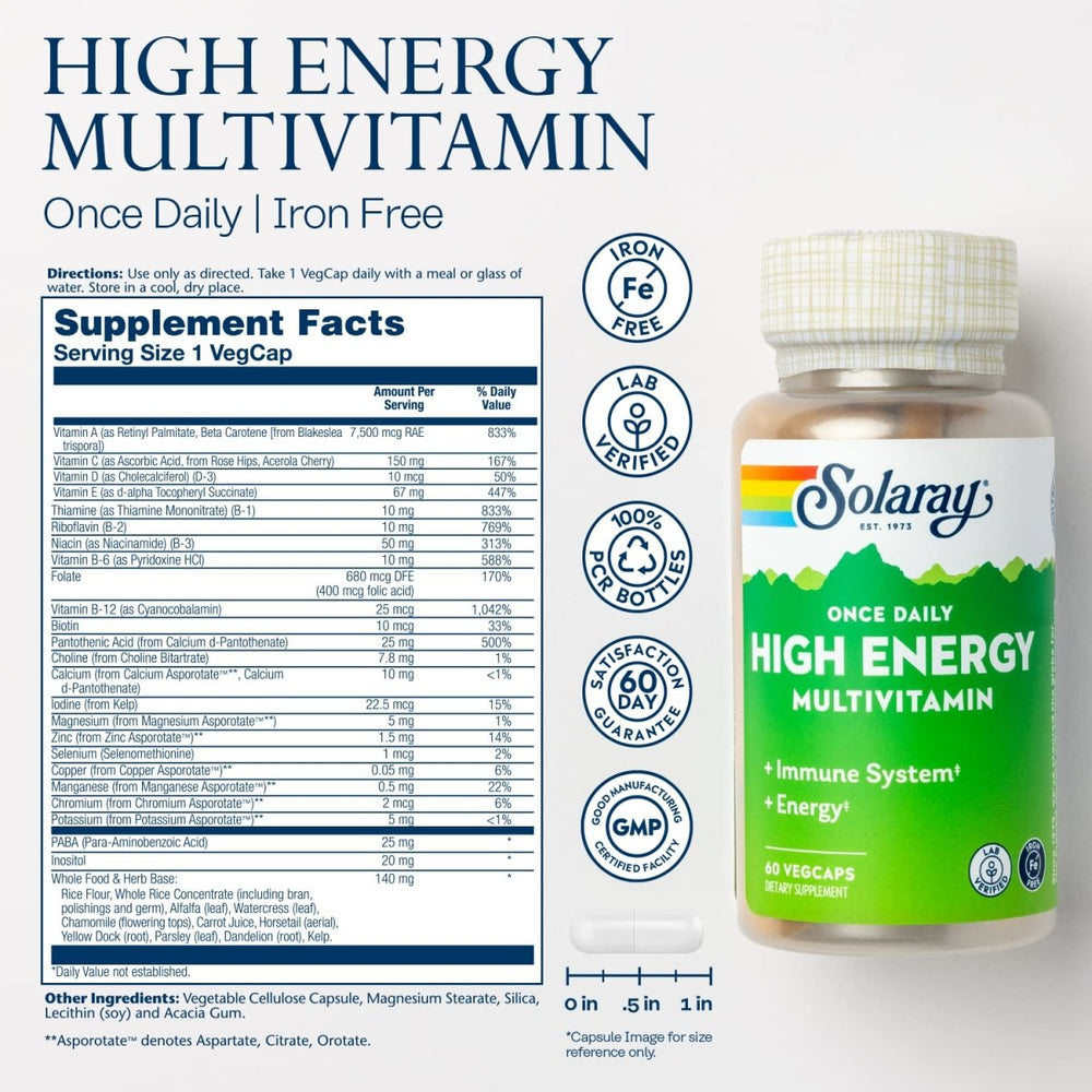 SOLARAY Once Daily High Energy Multivitamin - Immune Support, Energy Boost, Men's & Women's Multi, 60 VegCaps - The Oasis of Health