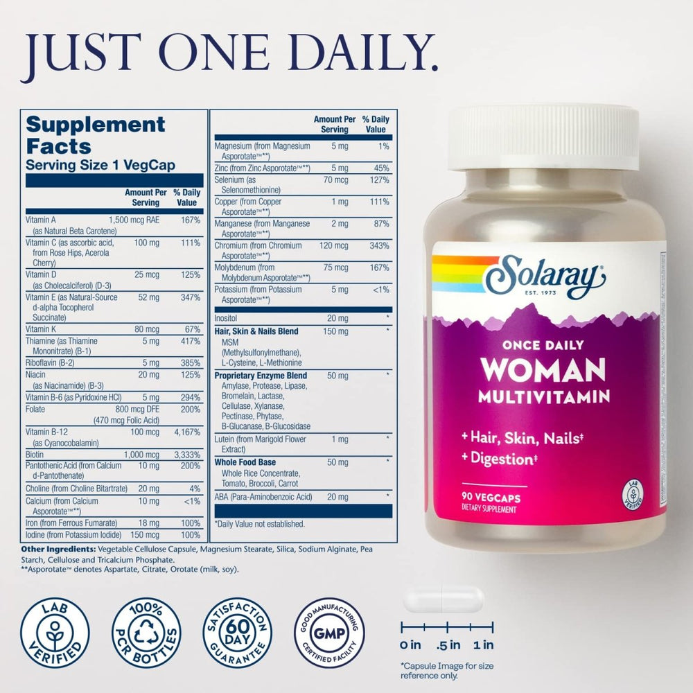 Solaray Once Daily Woman Multivitamin with Iron, Women?s Multivitamin with Hair, Skin & Nails Blend, Enzyme Blend & Whole Food Base, Healthy Energy, Immune & Digestion Support, 90 Servings, 90 VegCaps - The Oasis of Health
