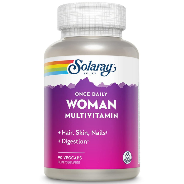 Solaray Once Daily Woman Multivitamin with Iron, Women?s Multivitamin with Hair, Skin & Nails Blend, Enzyme Blend & Whole Food Base, Healthy Energy, Immune & Digestion Support, 90 Servings, 90 VegCaps - The Oasis of Health