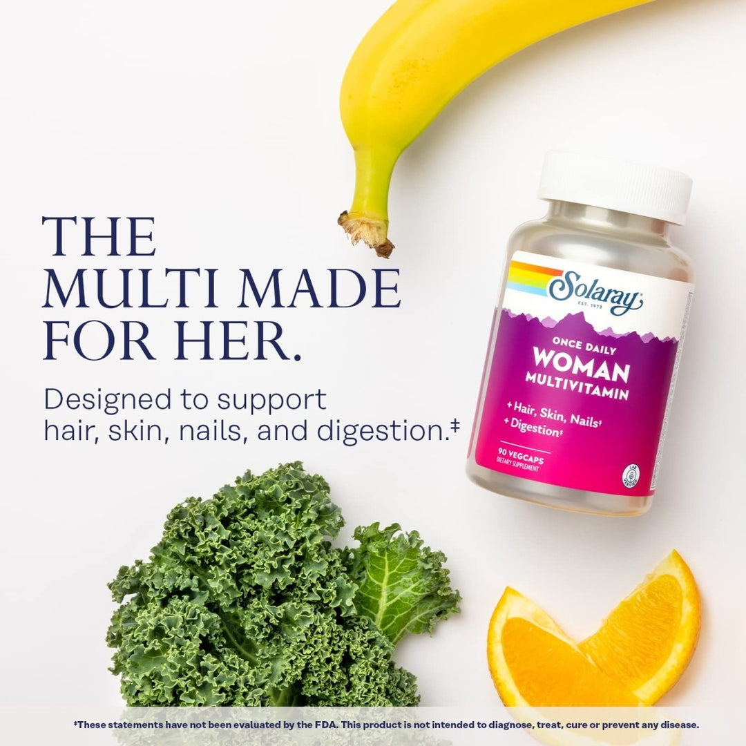 Solaray Once Daily Woman Multivitamin with Iron, Women?s Multivitamin with Hair, Skin & Nails Blend, Enzyme Blend & Whole Food Base, Healthy Energy, Immune & Digestion Support, 90 Servings, 90 VegCaps - The Oasis of Health